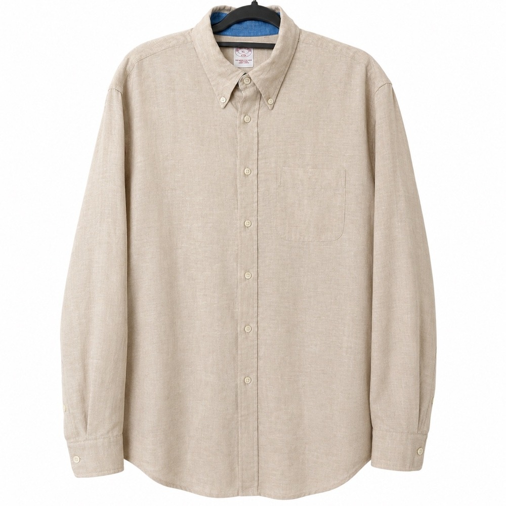Brooks Brothers Mens XL Shirt Beige 100% Linen Button Down Long Sleeve Coastal